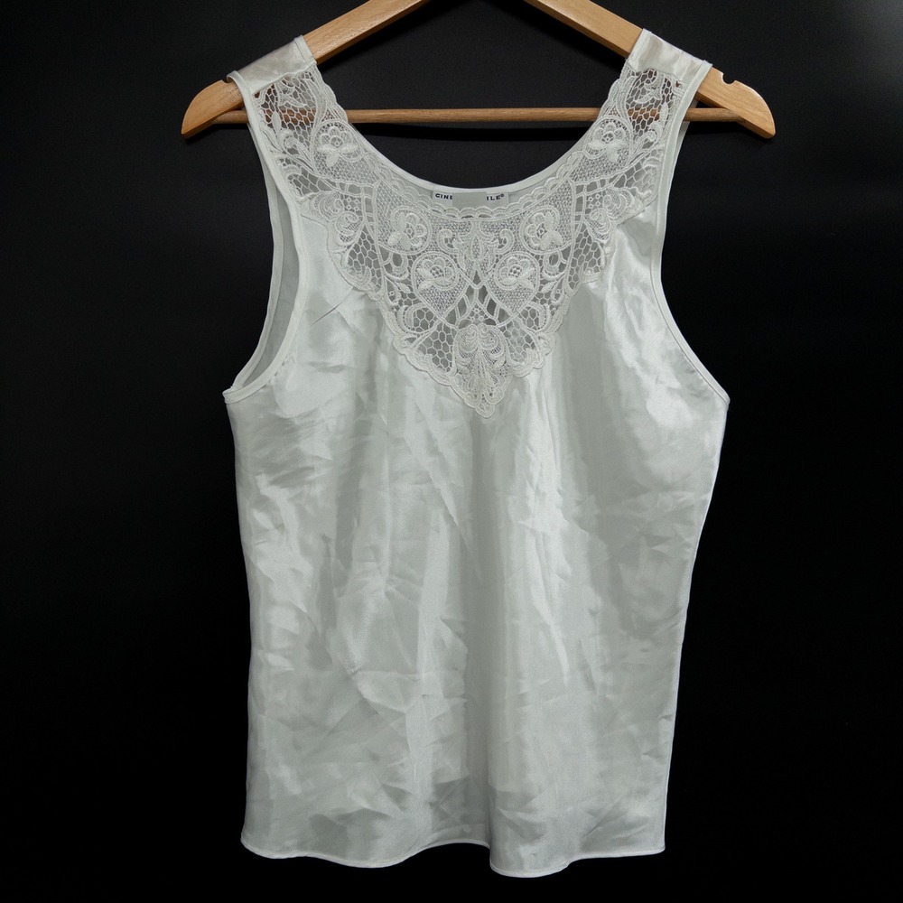 Vintage Cinema Etoile Slip Tank Women Large White Lace Satin Coquette Bridal